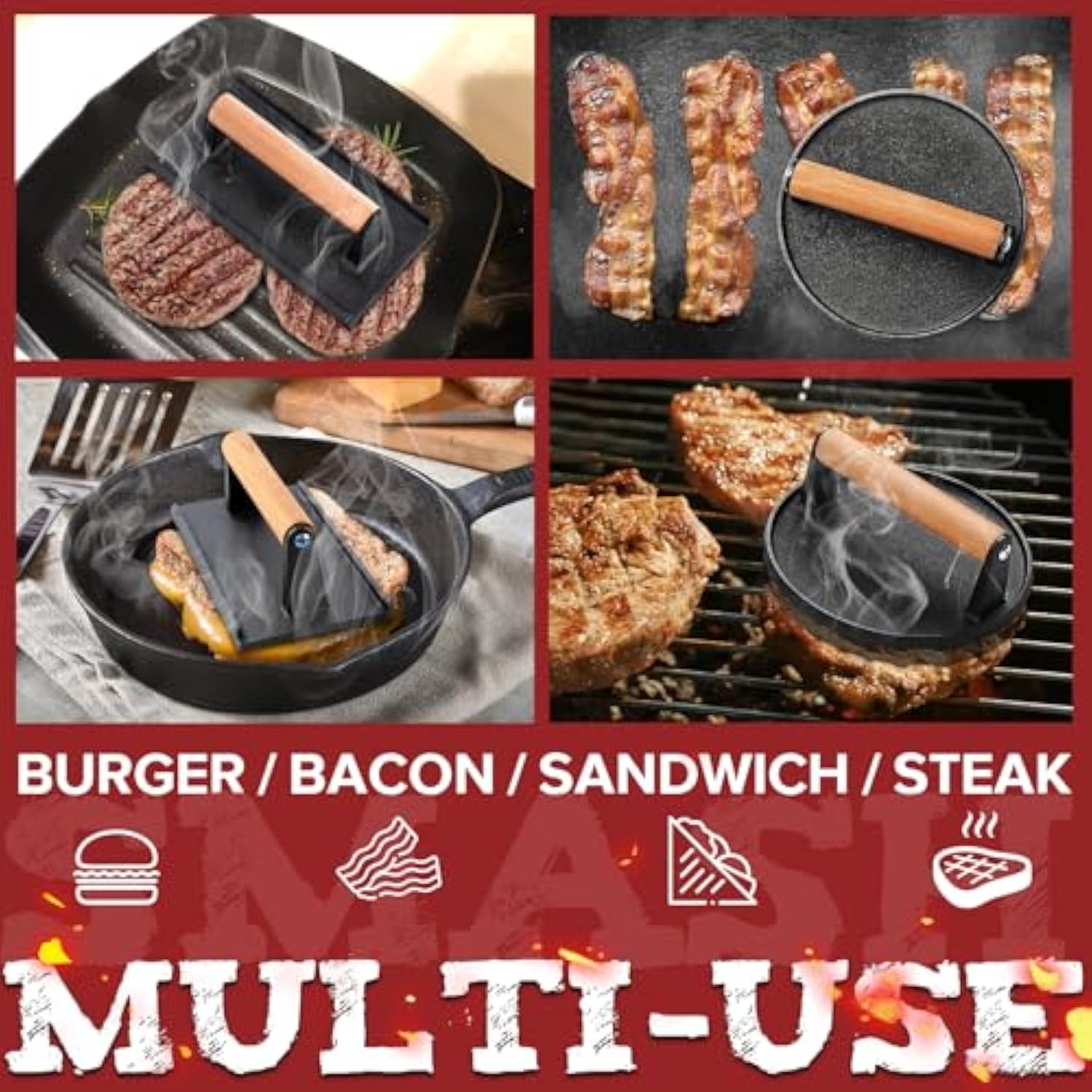 5pcs Smash Burger Press Kit, 3 in 1 Hamburger Press Patty Maker, Cast Iron Burger Press Round & Rectangle, 100pcs Wax Paper for Grill, Griddle, Flat top, Kitchen, Cooking