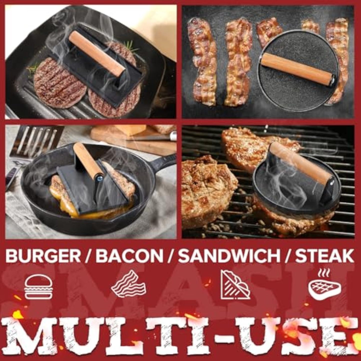 5pcs Smash Burger Press Kit, 3 in 1 Hamburger Press Patty Maker, Cast Iron Burger Press Round & Rectangle, 100pcs Wax Paper for Grill, Griddle, Flat top, Kitchen, Cooking