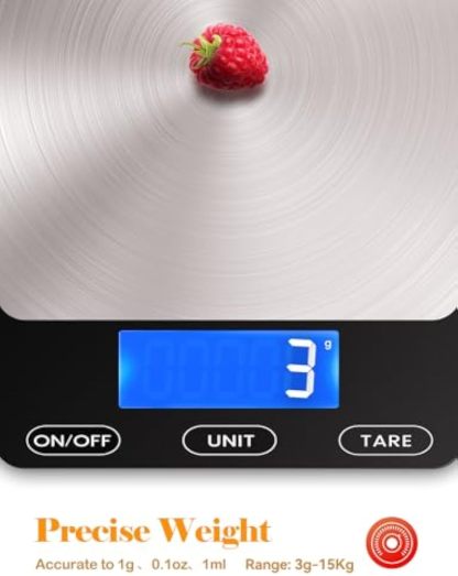Food Scale -33lb Digital Kitchen Scale for Food Ounces Grams Rechargeable 304 Stainless Steel,Batteries and Type-C Charging | Perfect for Meal Prep, Cooking, and Baking, Black
