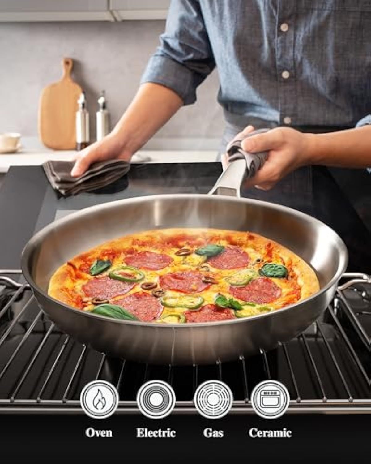 12 inch Tri-Ply Stainless Steel Frying Pan with LID,PFOA&PTFE Free Skillets,Chef's Pans,Dishwasher and Oven Safe Cookware, Works on Induction,Ceramic and Gas Cooktops