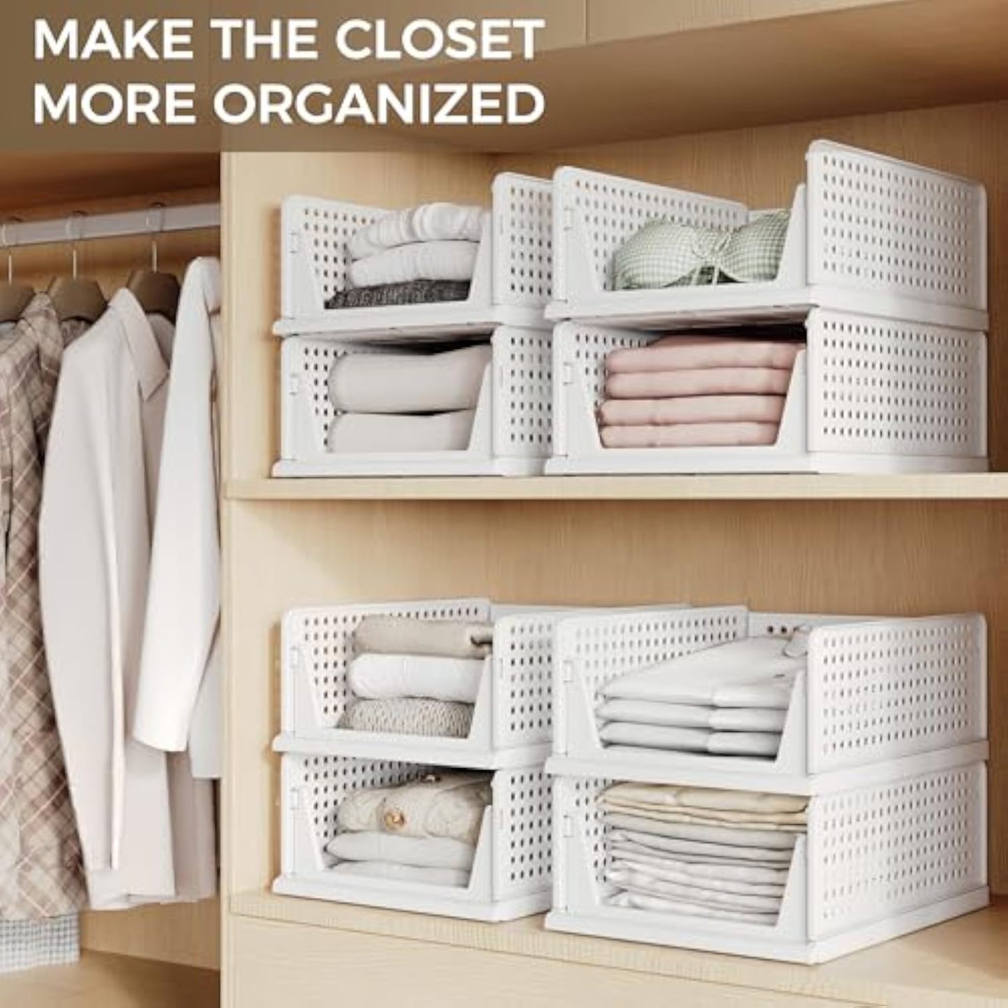 6 Pack Closet Organizers Storage Box, Stackable Plastic Drawer Basket for Clothing, Stackable Storage Bins Shelf Storage Container for Closet Wardrobe Bedroom Bathroom Office White