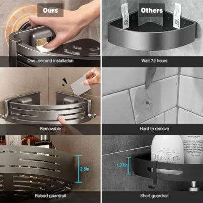 Voldra Corner Shower Caddy Suction Cup, 2 Pack Corner Shower Shelves No Drilling, Aluminum Upgrade Suction Cup Shower Organizer with Towel Bar & Hooks Removable Bathroom Storage Rack(Gray)