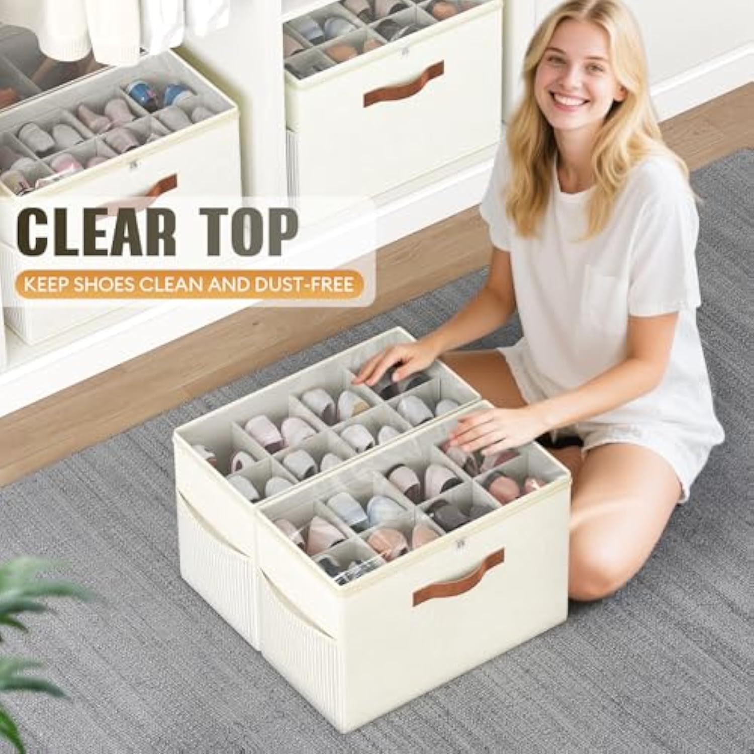 2 Pack Shoe Organizer for Closet, Clear Foldable Shoe Storage Containers Adjustable Dividers Fits 16 Pairs,Shoe Storage Bins Baskets Boxes with Reinforced Handles Beige