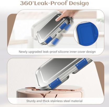 Stainless Steel Bento Box Kids, 3 Compartments Leak Proof Metal Bento Lunch Box, 304 Stainless Steel Bento Lunch Containers for School and Office,Dishwasher Safe, BPA-Free-Blue