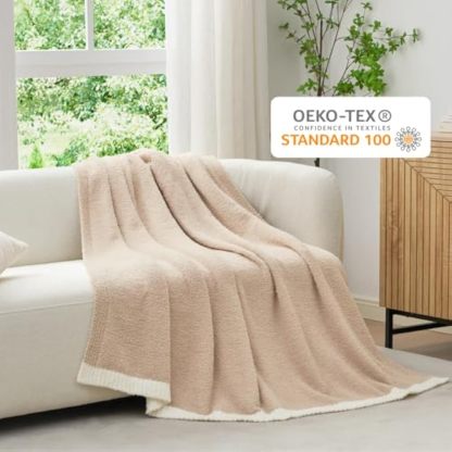 Ultra Soft Throw Blanket for Couch Bed Sofa 50x60 inches, Reversible Beige Blanket Microfiber Fluffy Fuzzy Cozy Knit Throws for Women Mothers Birthday Gifts