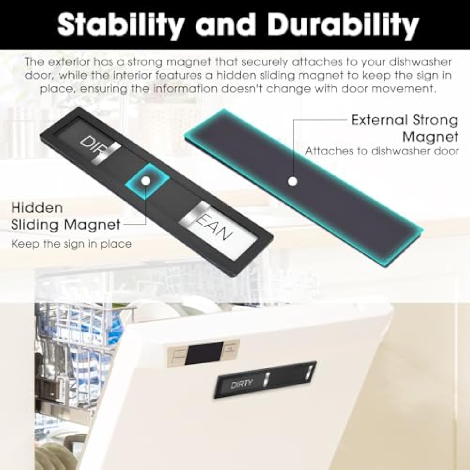 Dishwasher Magnet Clean Dirty Sign, HYF DESIGN Grade 304 Stainless Steel, Non-Scratch/Easy to Read & Slide/Strong Clean Dirty Magnet for Dishwasher, Extra Adhesive Tapes Included