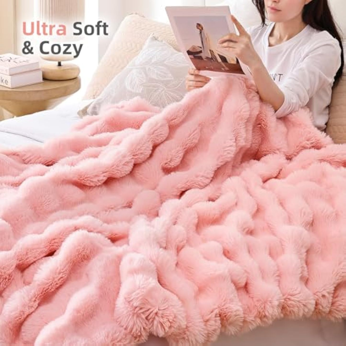 Faux Fur Throw Blanket for Couch – Blush Pink Fluffy Cozy Rabbit Fleece, Plush Soft Bubble Blanket for Sofa & Bed, for Mom, Warm Fuzzy Home Room Decor Throw 50" x 60"