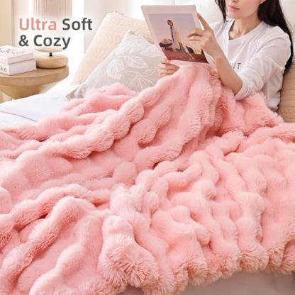Faux Fur Throw Blanket for Couch – Blush Pink Fluffy Cozy Rabbit Fleece, Plush Soft Bubble Blanket for Sofa & Bed, for Mom, Warm Fuzzy Home Room Decor Throw 50" x 60"
