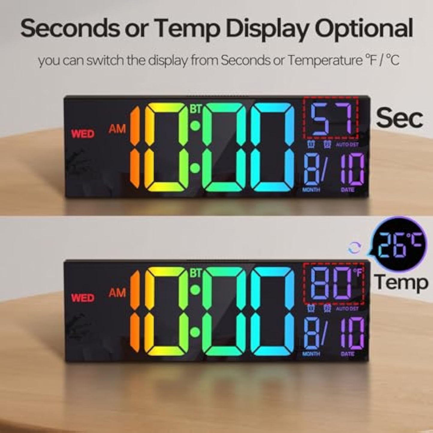 16.2" Large Digital Wall Clock with Seconds, Bluetooth Sync, Alarm Big LED, RGB Color, DST Temperature for Classroom Bedroom Garage Gym, Mount, Xmas, Birthday Gift for Aged Elderly Mother Father