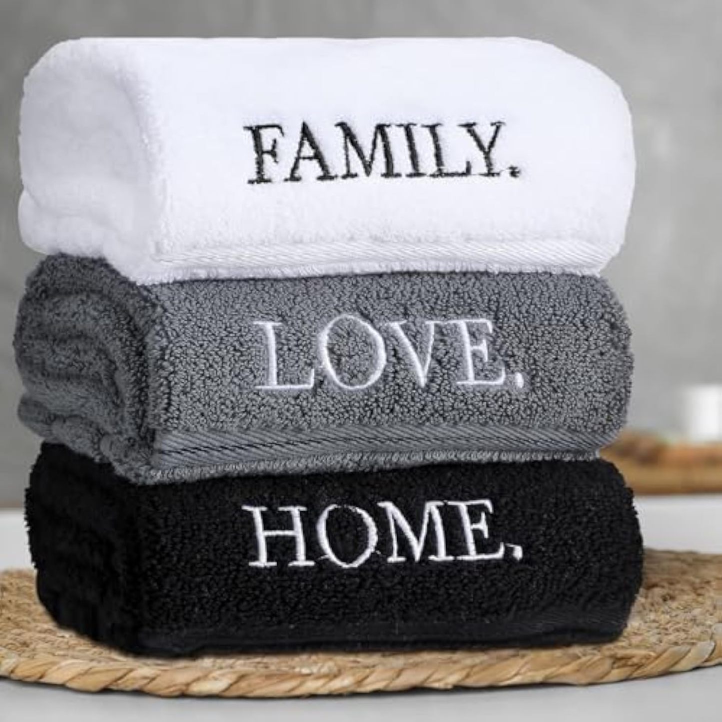3 Pcs Farmhouse Decorative Hand Towels for Bathroom and Kitchen Rustic Embroidered 100% Cotton Hand Towels Decorative Set for Boho Bathroom Decor(Home Love Family)