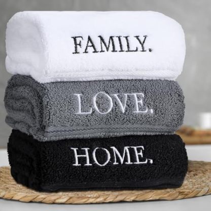 3 Pcs Farmhouse Decorative Hand Towels for Bathroom and Kitchen Rustic Embroidered 100% Cotton Hand Towels Decorative Set for Boho Bathroom Decor(Home Love Family)
