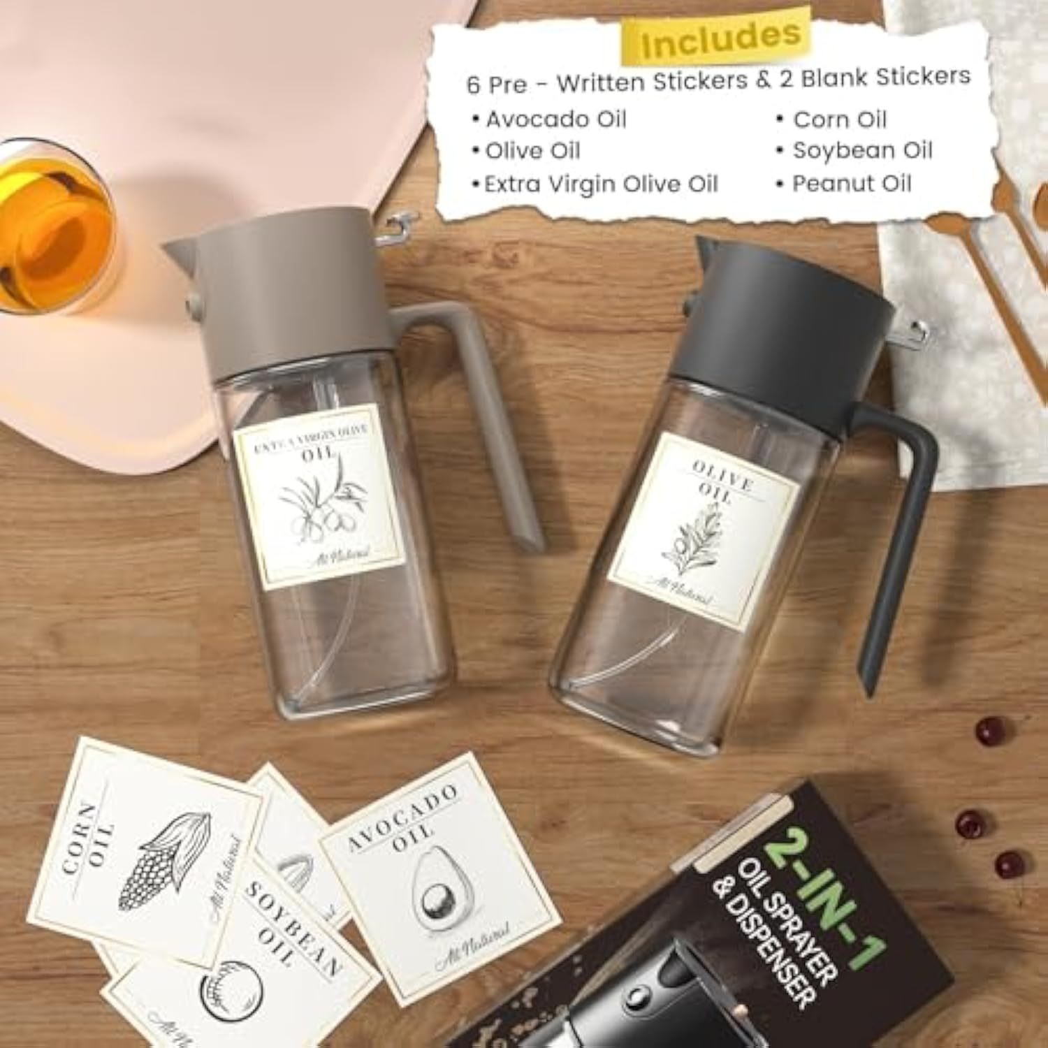 Oil Sprayer for Cooking, 2025 Large Advanced Olive Oil Dispenser Bottle,500ml/17oz Glass Olive Oil Sprayer,2 in 1 Even Spray with Portion Control for Kitchen, Air Fryer, Salad, BBQ - Black