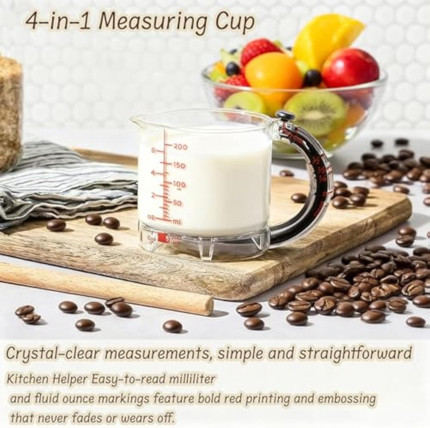 4-in-1 Measuring Cup with Adjustable Base, Adjustable Measuring Cup, Cup with 1/4 1/3 1/2 1 Measurements for Cooking and Baking & Ingredients (1PC)