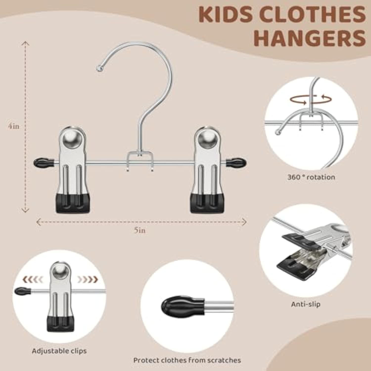 24 Pack Baby Hangers with Clips, 360°Rotatable Toddler Pant Hangers with Clips, Non-Slip Space Saving Kids Hanger for Newborn Children Clothes Skirts Boots Closet Organizers, Black