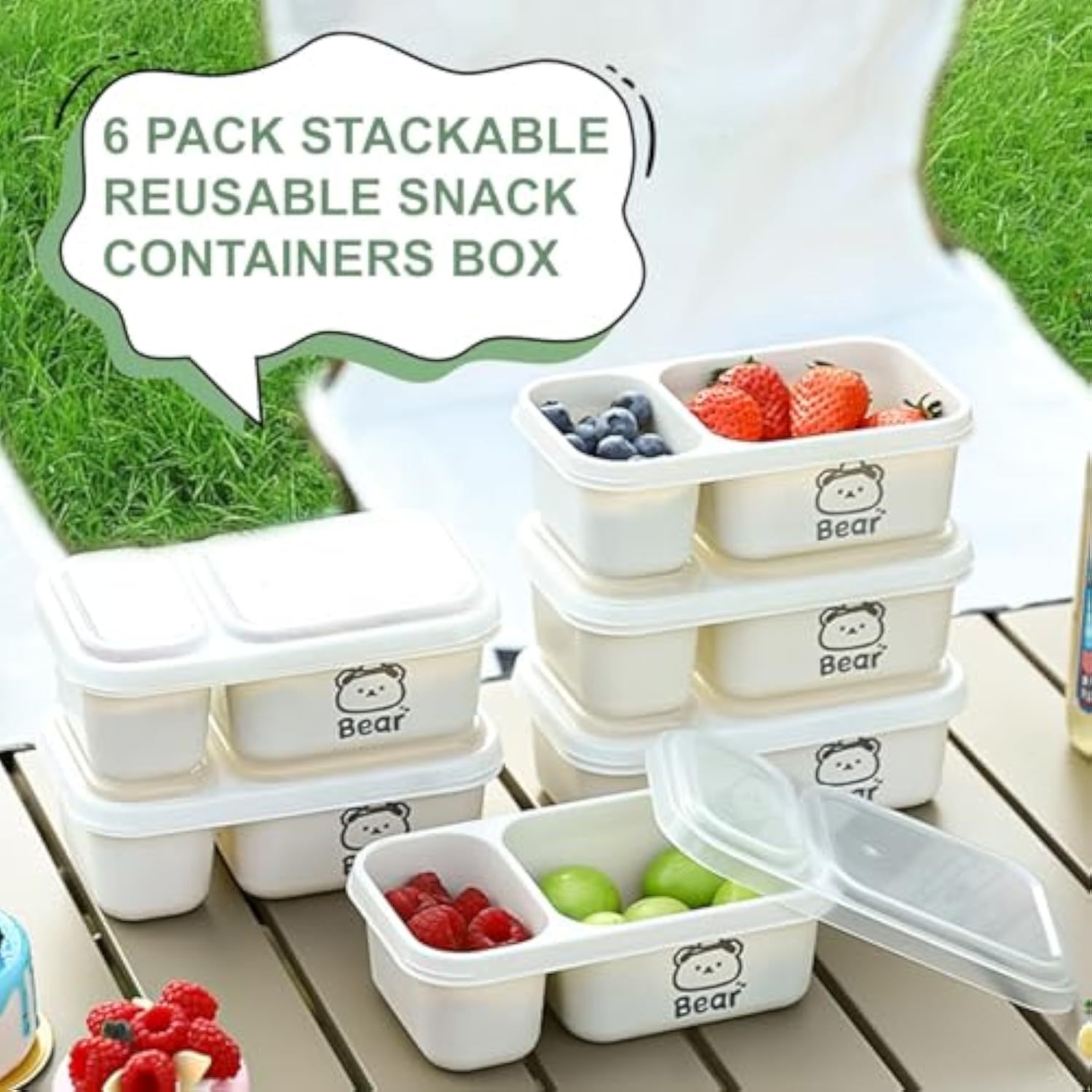 6 Pack Reusable Snack Containers with Lids, 2-Compartment Snackle box, Reusable Snack Packs Container for Meal Prep, Food Storage On-the-Go Snacking for Picnic, Work, Travel
