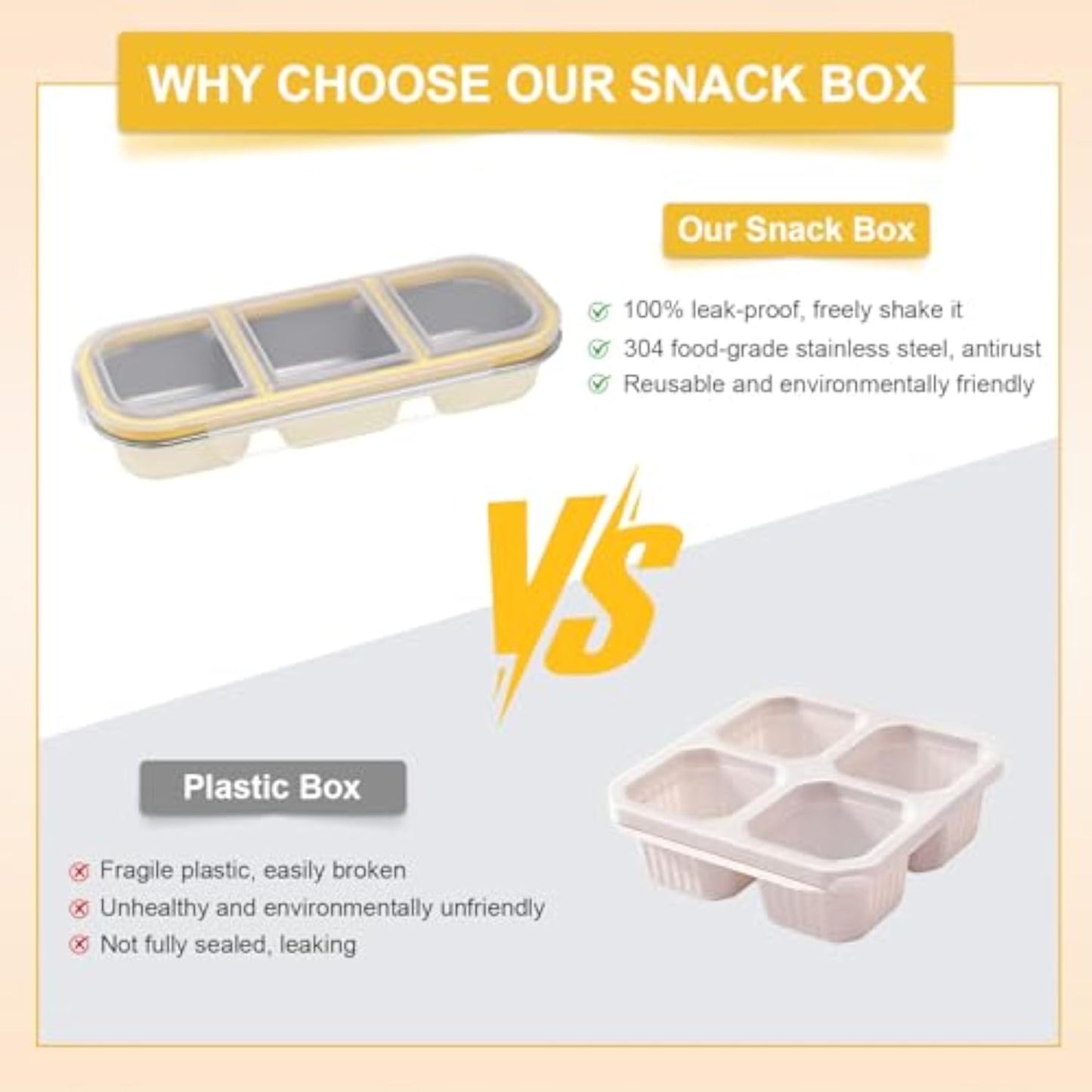 Stainless Steel Snack Container with Lids, Snackle Box Container for Adults, Reusable Metal Bento Box, Leek Proof 3 Compartment Divided Food Storage Containers for Diet Control, Picnic, Work, Travel