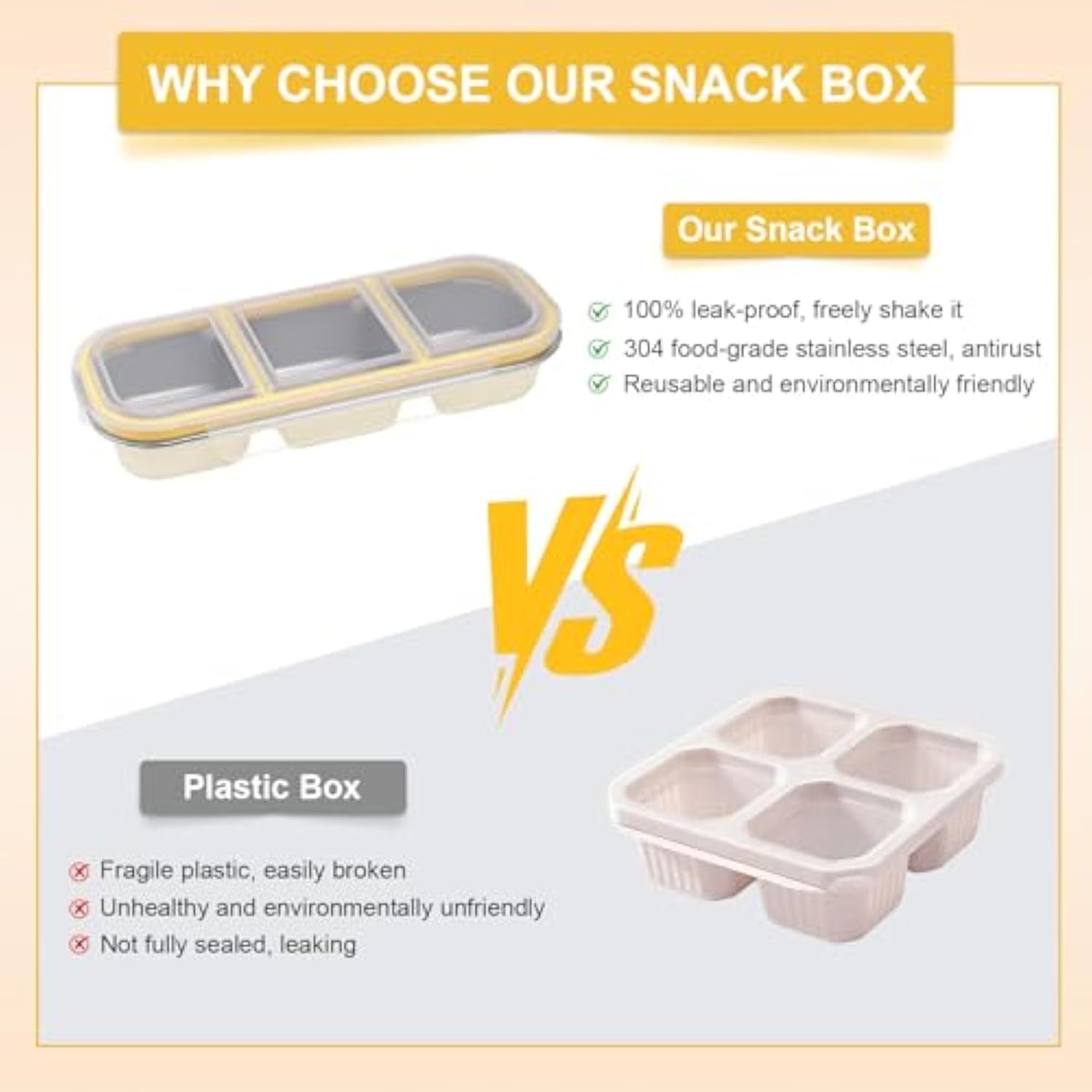 Stainless Steel Snack Container with Lids, Snackle Box Container for Adults, Reusable Metal Bento Box, Leek Proof 3 Compartment Divided Food Storage Containers for Diet Control, Picnic, Work, Travel