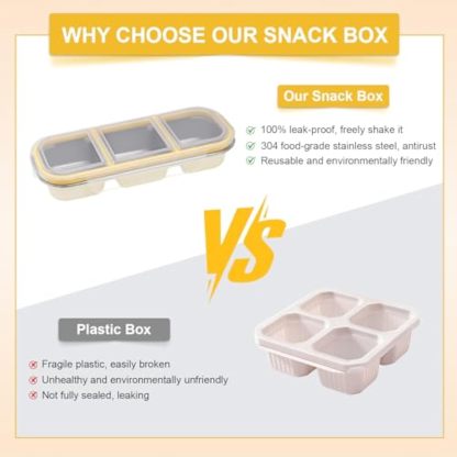 Stainless Steel Snack Container with Lids, Snackle Box Container for Adults, Reusable Metal Bento Box, Leek Proof 3 Compartment Divided Food Storage Containers for Diet Control, Picnic, Work, Travel