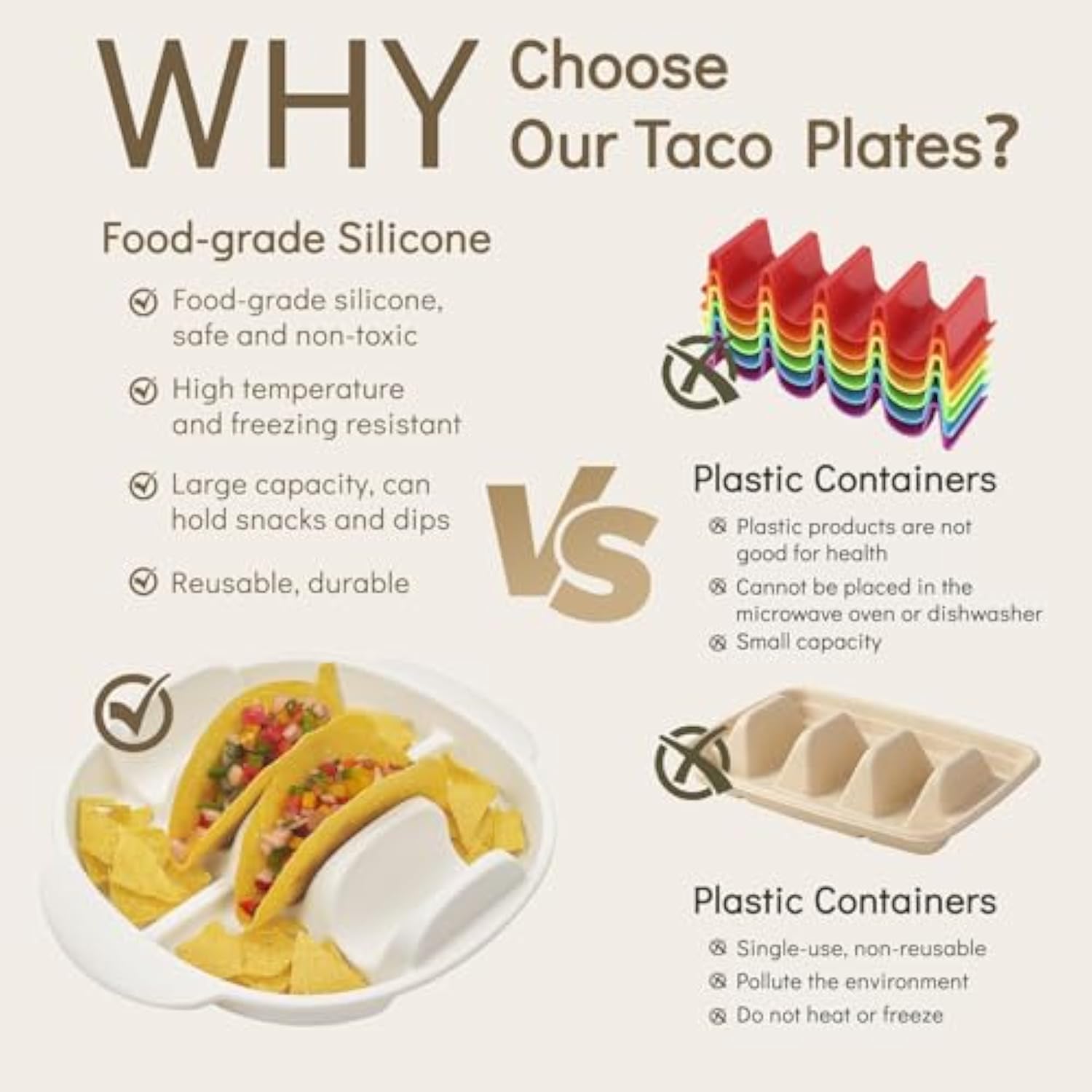2 Pack Silicone Taco Plates-9.8" Reusable Taco Holder with Dividers，Taco Rack Holders Stand for Hard & Soft with Handle,Taco Party Serving Tray Plates, Dishwasher & Microwave Safe