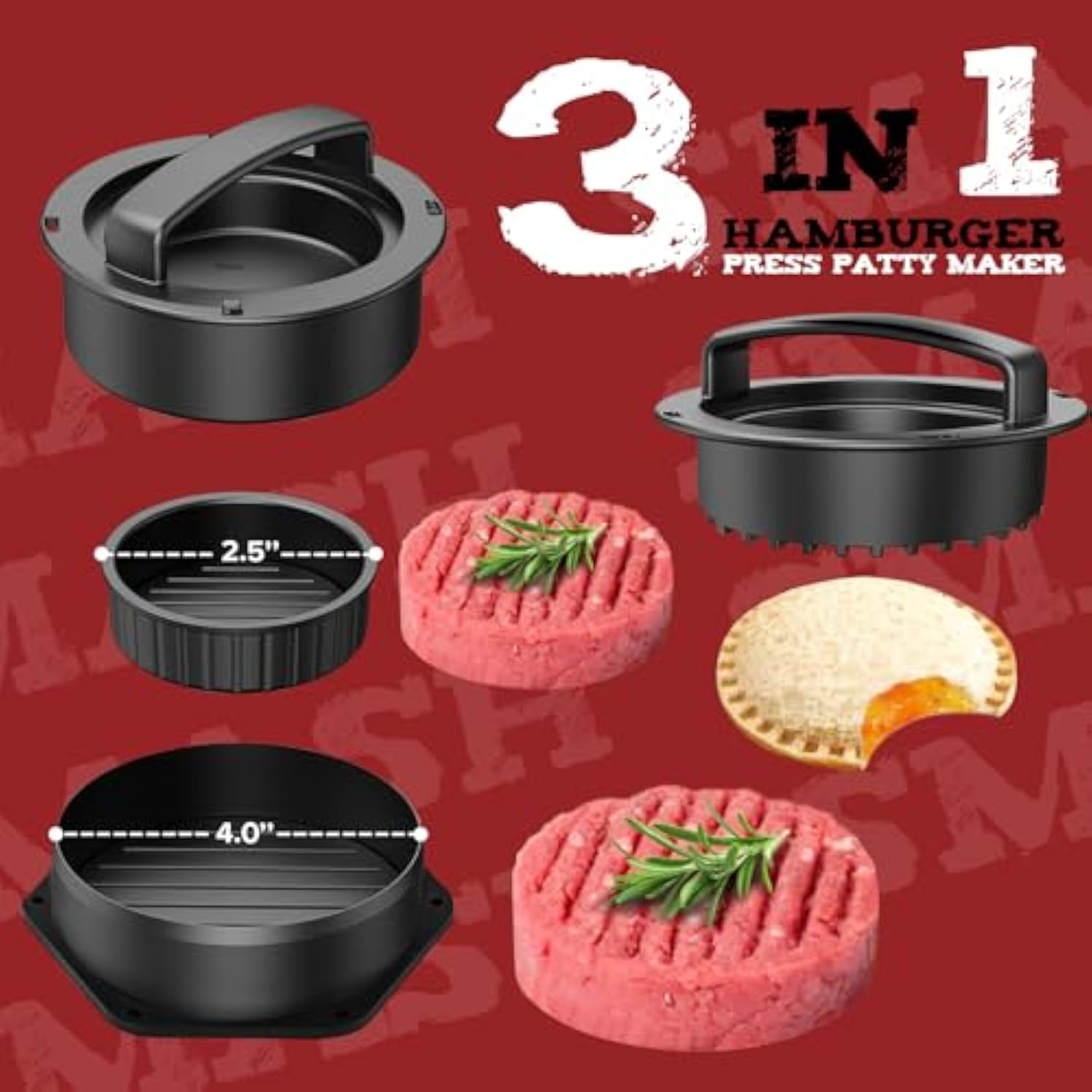 5pcs Smash Burger Press Kit, 3 in 1 Hamburger Press Patty Maker, Cast Iron Burger Press Round & Rectangle, 100pcs Wax Paper for Grill, Griddle, Flat top, Kitchen, Cooking