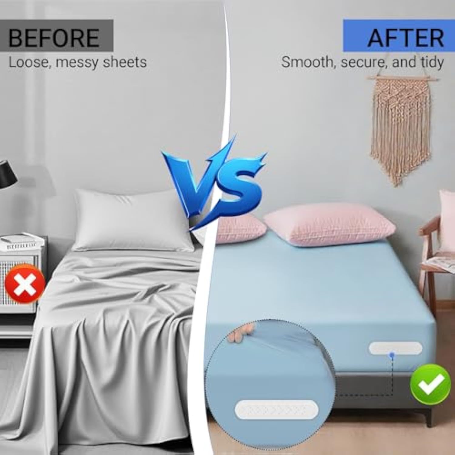 Upgraded Bed Sheet Holders for Corners, Heavy Duty 4 Pack Extra Large Fitted Sheet Clips -Lock Sheet Fasteners Keep Sheets Firm and Tight on Twin, Full, Queen, King Mattress, Easy Install