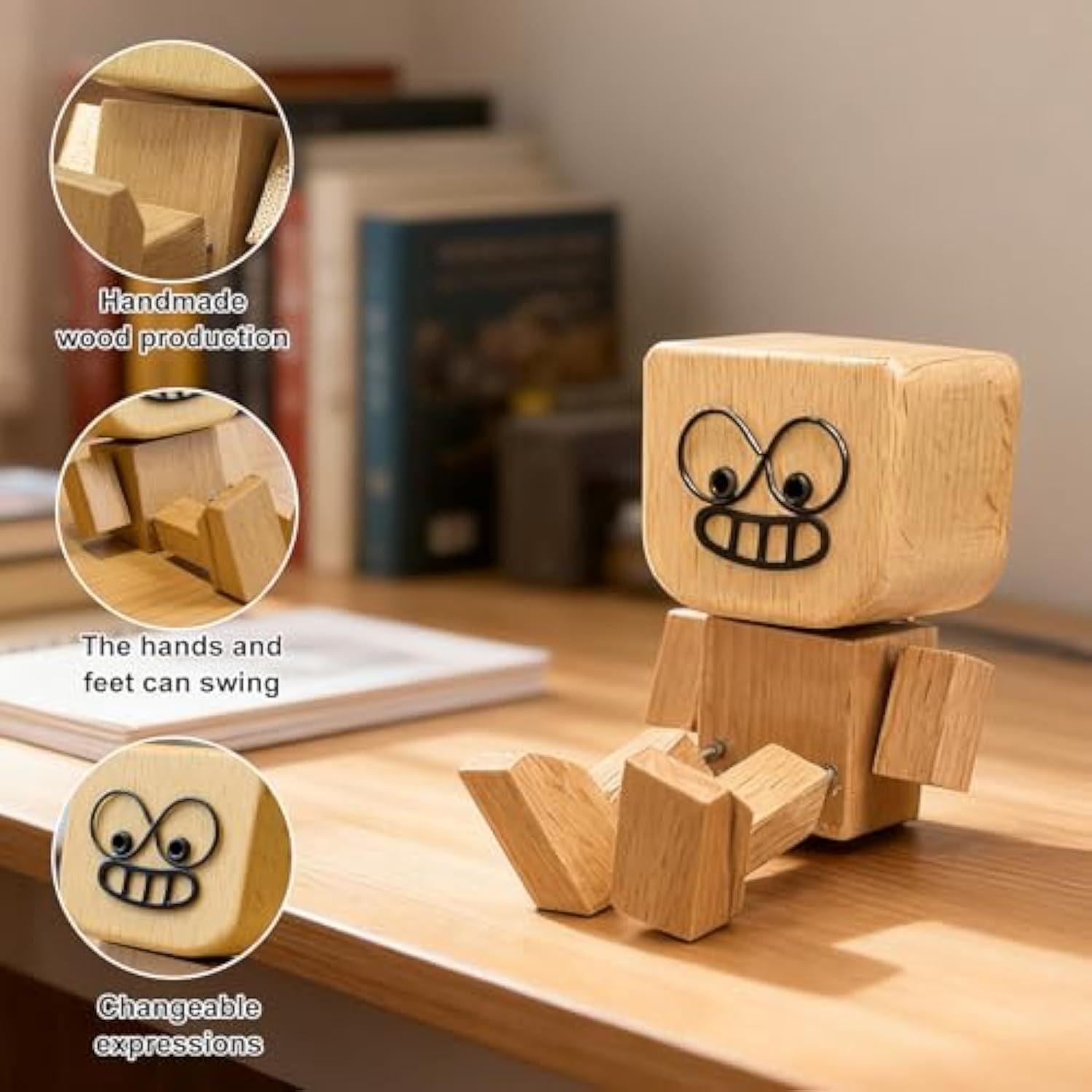 Shaking Wooden Man Figurine，Charming Little Wooden Figure That Sways Shake Your Feet with 12 PCS Expressions,Handmade Shaking Feet for Dashboard Wood Desktop