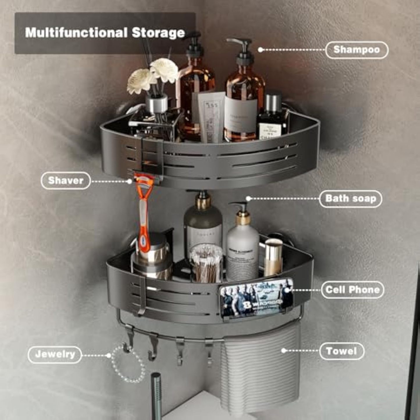 Voldra Corner Shower Caddy Suction Cup, 2 Pack Corner Shower Shelves No Drilling, Aluminum Upgrade Suction Cup Shower Organizer with Towel Bar & Hooks Removable Bathroom Storage Rack(Gray)