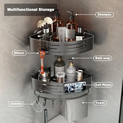 Voldra Corner Shower Caddy Suction Cup, 2 Pack Corner Shower Shelves No Drilling, Aluminum Upgrade Suction Cup Shower Organizer with Towel Bar & Hooks Removable Bathroom Storage Rack(Gray)