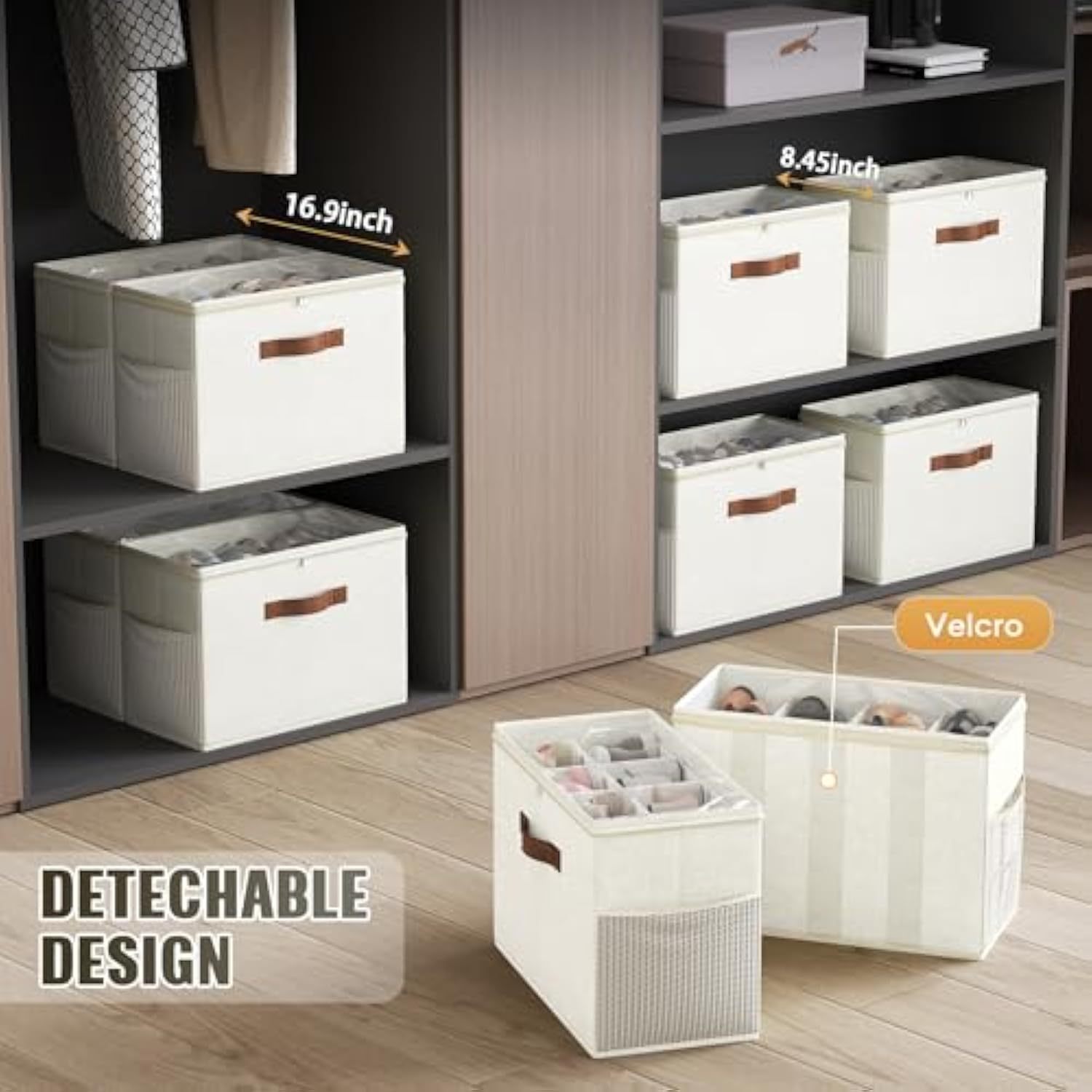 2 Pack Shoe Organizer for Closet, Clear Foldable Shoe Storage Containers Adjustable Dividers Fits 16 Pairs,Shoe Storage Bins Baskets Boxes with Reinforced Handles Beige