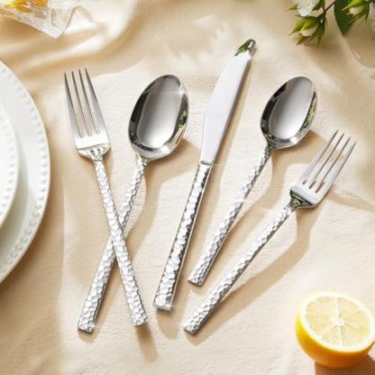 40 Piece Hammered Silverware Set, 18/10 Stainless Steel Flatware Set for 8, Cutlery Set for Home, Party, Wedding, Mirror Polished Dishwasher Safe