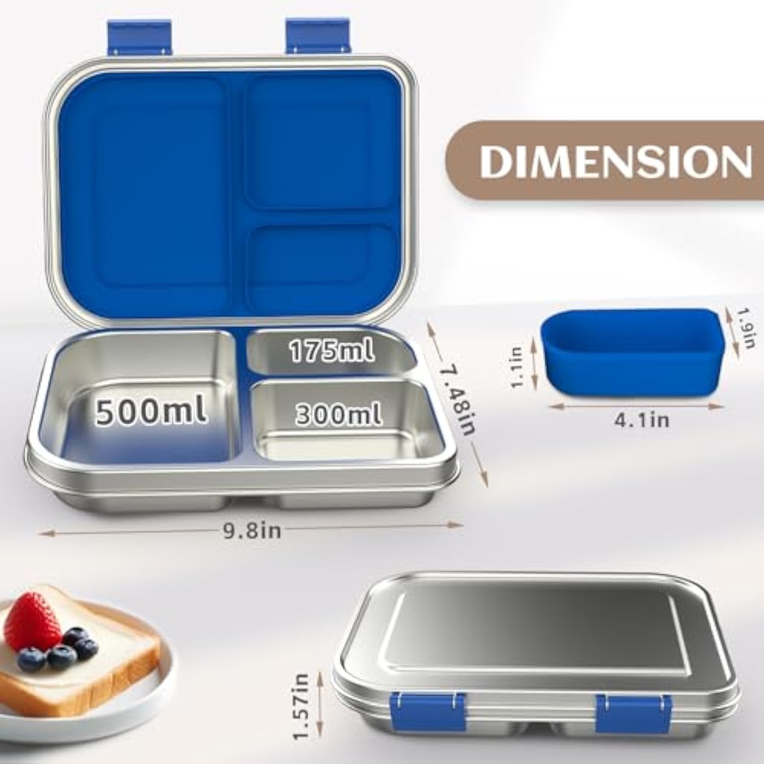 Stainless Steel Bento Box Kids, 3 Compartments Leak Proof Metal Bento Lunch Box, 304 Stainless Steel Bento Lunch Containers for School and Office,Dishwasher Safe, BPA-Free-Blue