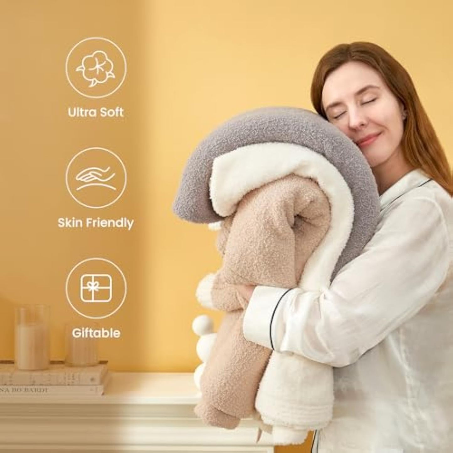 Ultra Soft Throw Blanket for Couch Bed Sofa 50x60 inches, Reversible Beige Blanket Microfiber Fluffy Fuzzy Cozy Knit Throws for Women Mothers Birthday Gifts