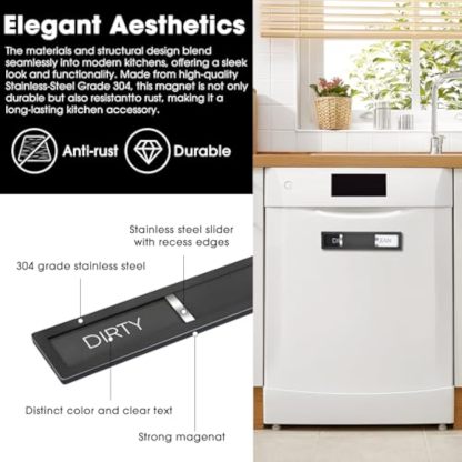 Dishwasher Magnet Clean Dirty Sign, HYF DESIGN Grade 304 Stainless Steel, Non-Scratch/Easy to Read & Slide/Strong Clean Dirty Magnet for Dishwasher, Extra Adhesive Tapes Included