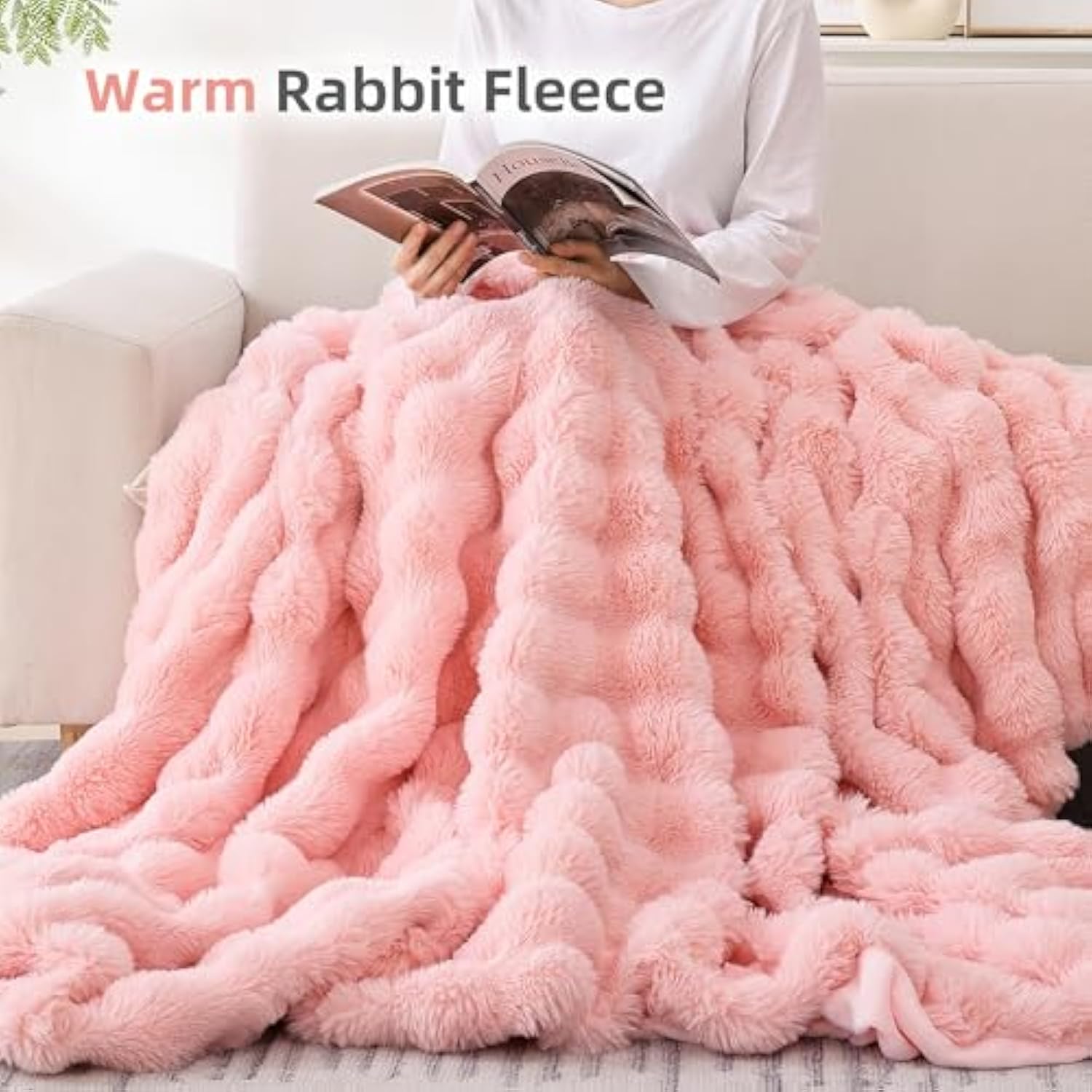 Faux Fur Throw Blanket for Couch – Blush Pink Fluffy Cozy Rabbit Fleece, Plush Soft Bubble Blanket for Sofa & Bed, for Mom, Warm Fuzzy Home Room Decor Throw 50" x 60"