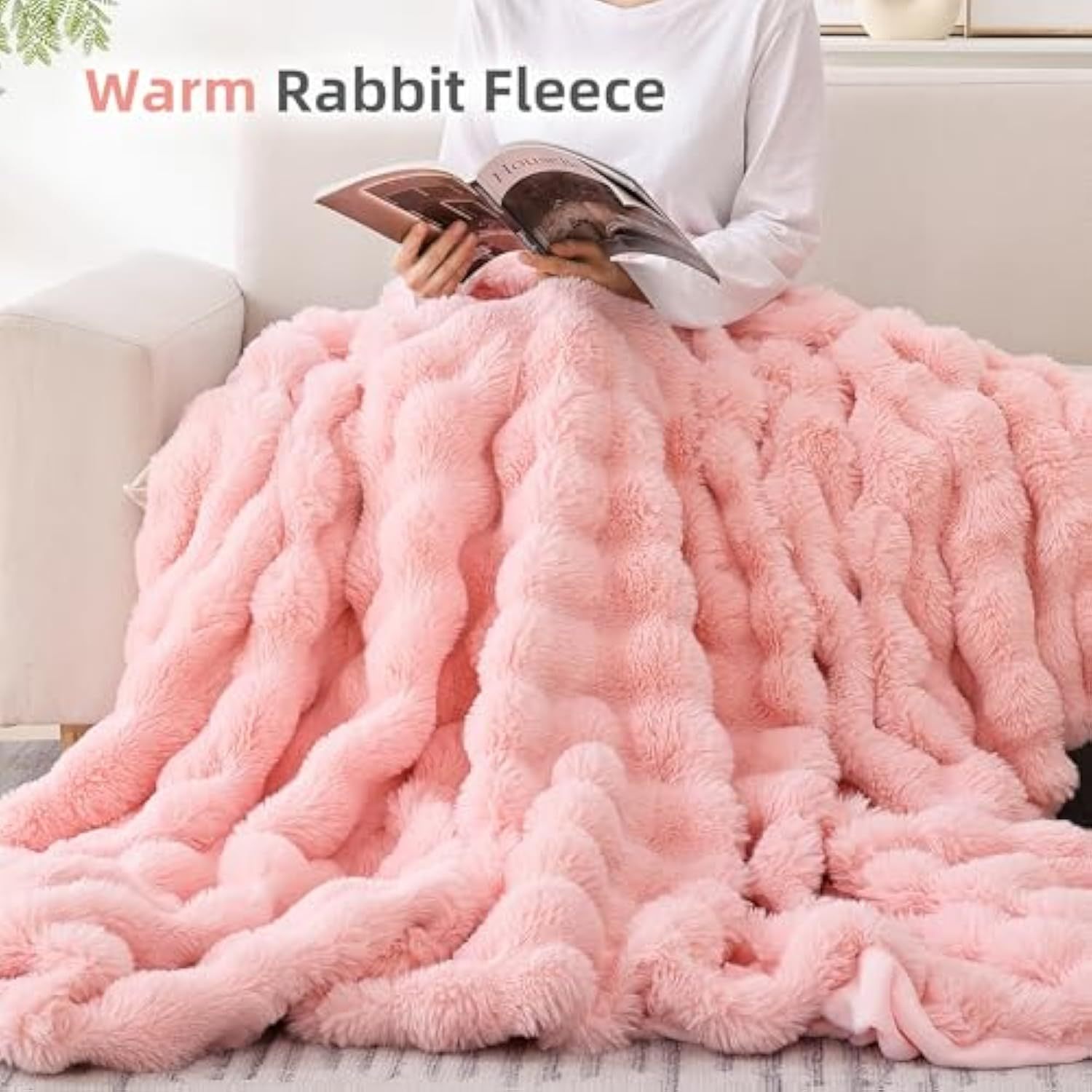 Faux Fur Throw Blanket for Couch – Blush Pink Fluffy Cozy Rabbit Fleece, Plush Soft Bubble Blanket for Sofa & Bed, for Mom, Warm Fuzzy Home Room Decor Throw 50" x 60"