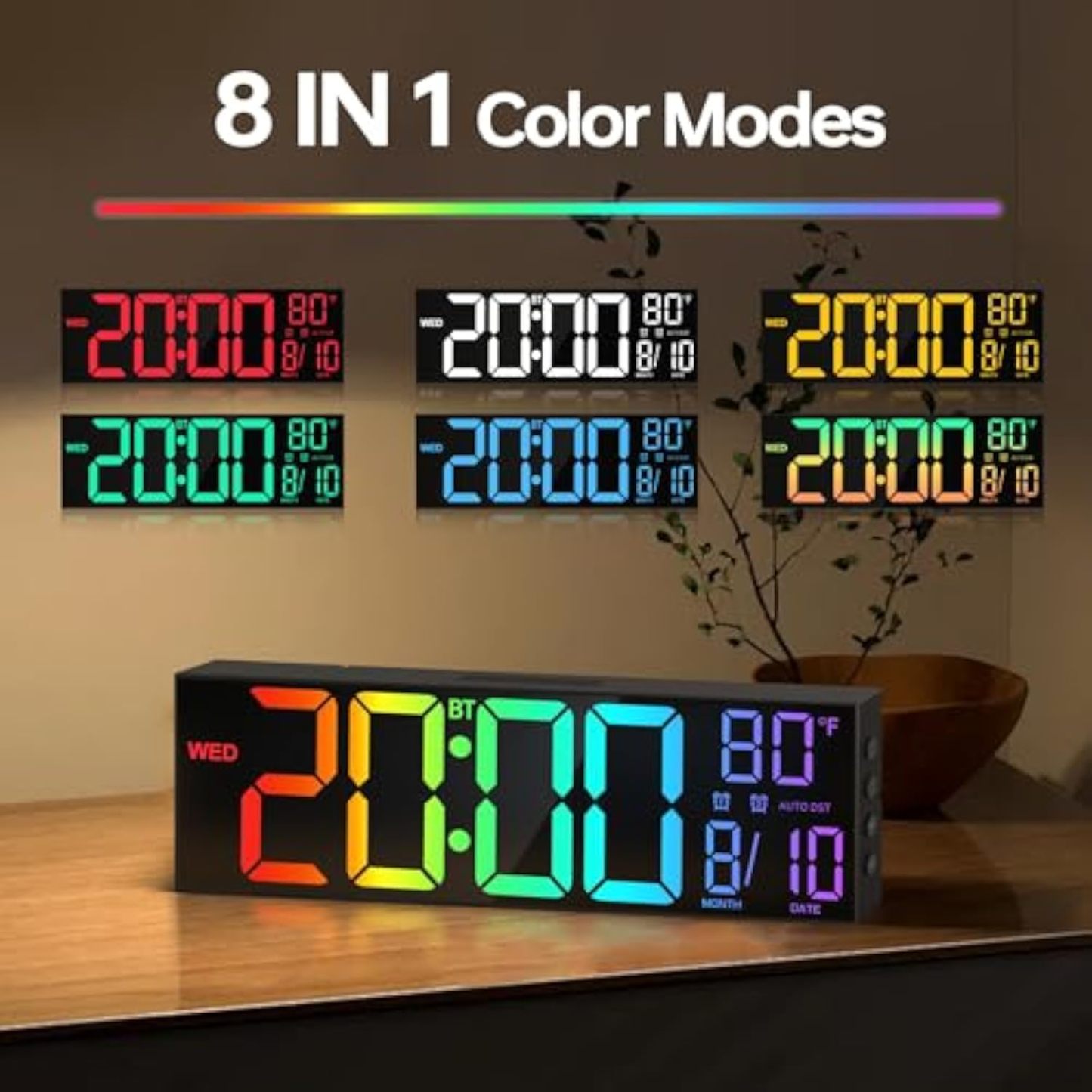 16.2" Large Digital Wall Clock with Seconds, Bluetooth Sync, Alarm Big LED, RGB Color, DST Temperature for Classroom Bedroom Garage Gym, Mount, Xmas, Birthday Gift for Aged Elderly Mother Father