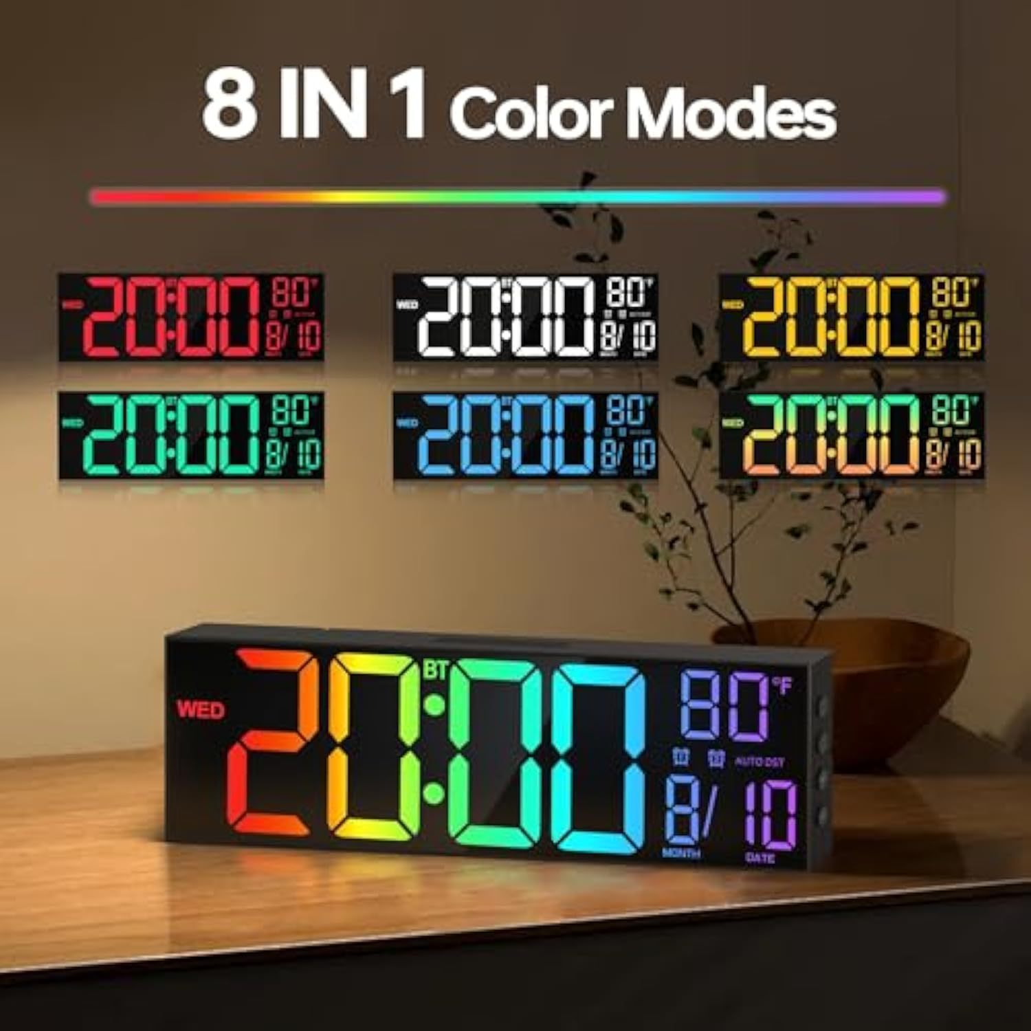 16.2" Large Digital Wall Clock with Seconds, Bluetooth Sync, Alarm Big LED, RGB Color, DST Temperature for Classroom Bedroom Garage Gym, Mount, Xmas, Birthday Gift for Aged Elderly Mother Father