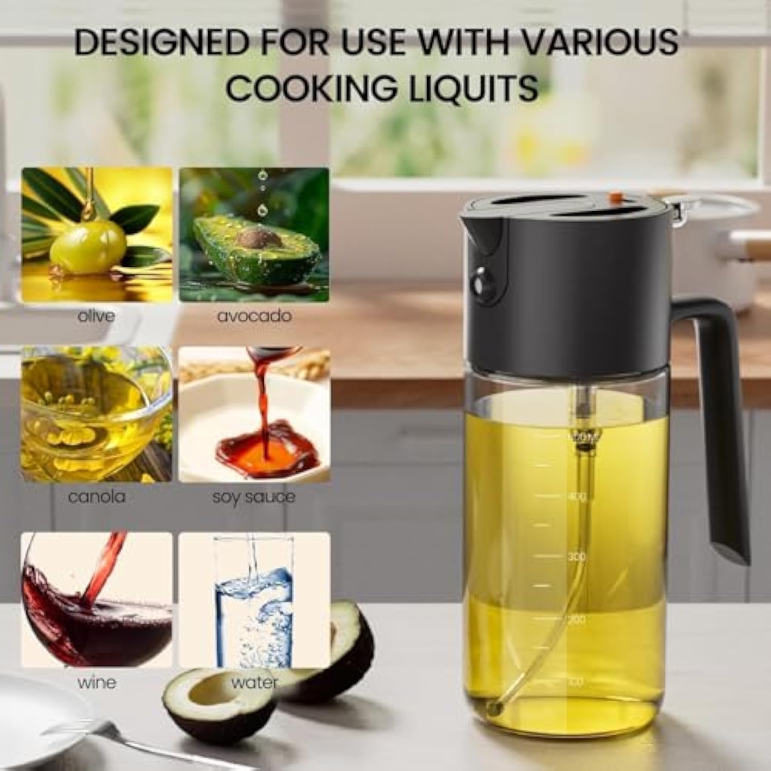 Oil Sprayer for Cooking, 2025 Large Advanced Olive Oil Dispenser Bottle,500ml/17oz Glass Olive Oil Sprayer,2 in 1 Even Spray with Portion Control for Kitchen, Air Fryer, Salad, BBQ - Black