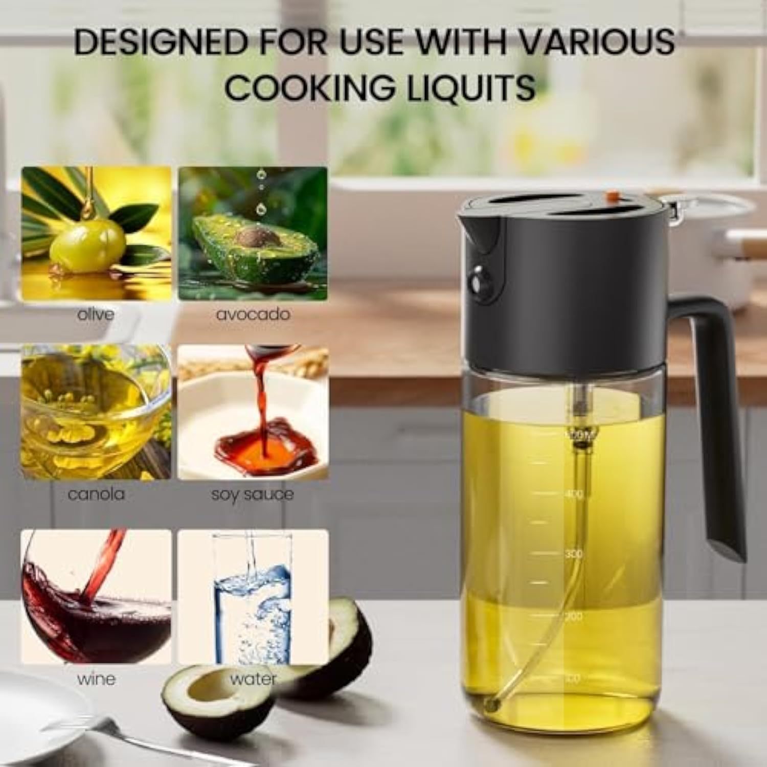 Oil Sprayer for Cooking, 2025 Large Advanced Olive Oil Dispenser Bottle,500ml/17oz Glass Olive Oil Sprayer,2 in 1 Even Spray with Portion Control for Kitchen, Air Fryer, Salad, BBQ - Black