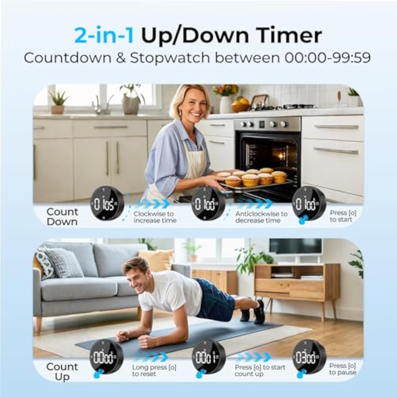 Magnetic Kitchen Timer for Cooking with Loud Alarm - [AAA Battery Included & Large LED Display] Countdown Countup Rotating Pomodoro Timer, Visual Digital Timers for Classroom Gym