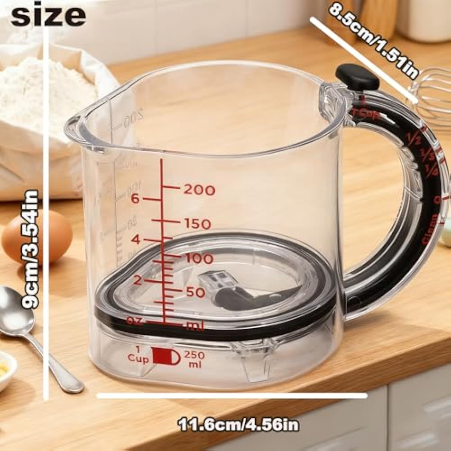 4-in-1 Measuring Cup with Adjustable Base, Adjustable Measuring Cup, Cup with 1/4 1/3 1/2 1 Measurements for Cooking and Baking & Ingredients (1PC)