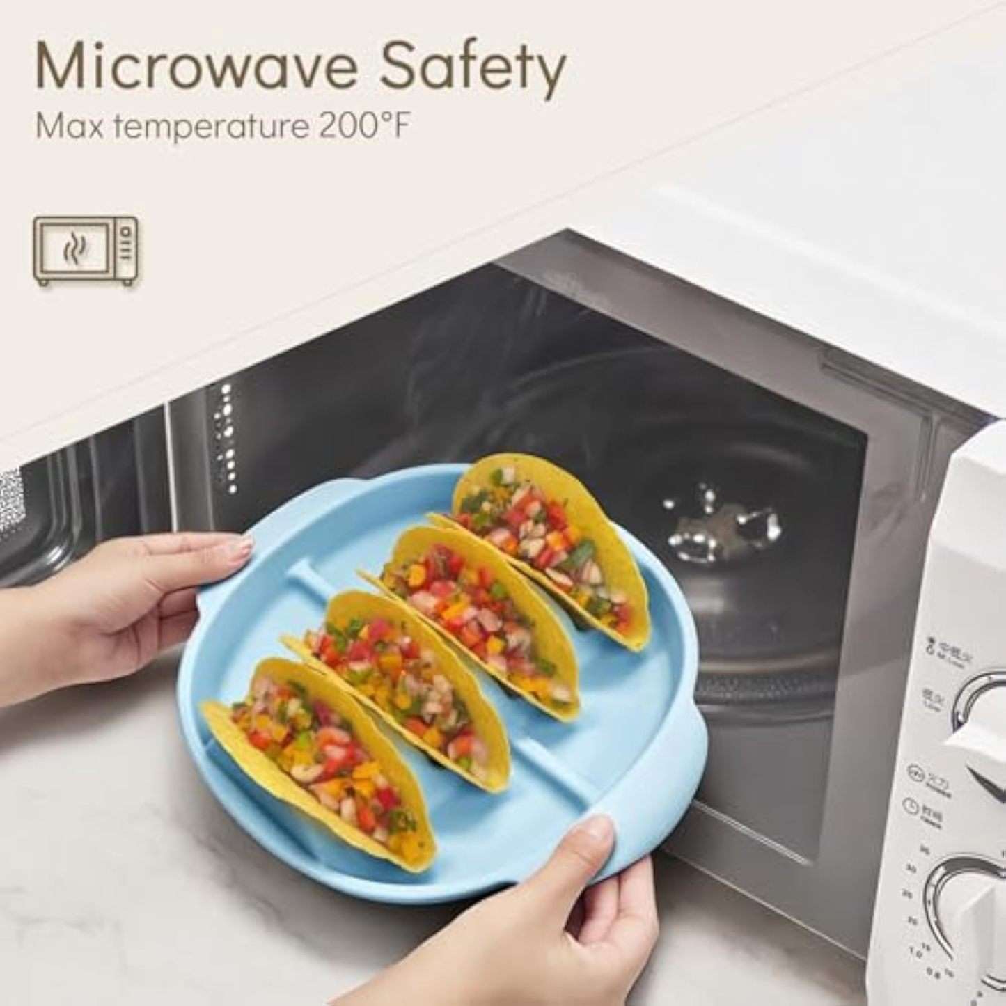 2 Pack Silicone Taco Plates-9.8" Reusable Taco Holder with Dividers，Taco Rack Holders Stand for Hard & Soft with Handle,Taco Party Serving Tray Plates, Dishwasher & Microwave Safe