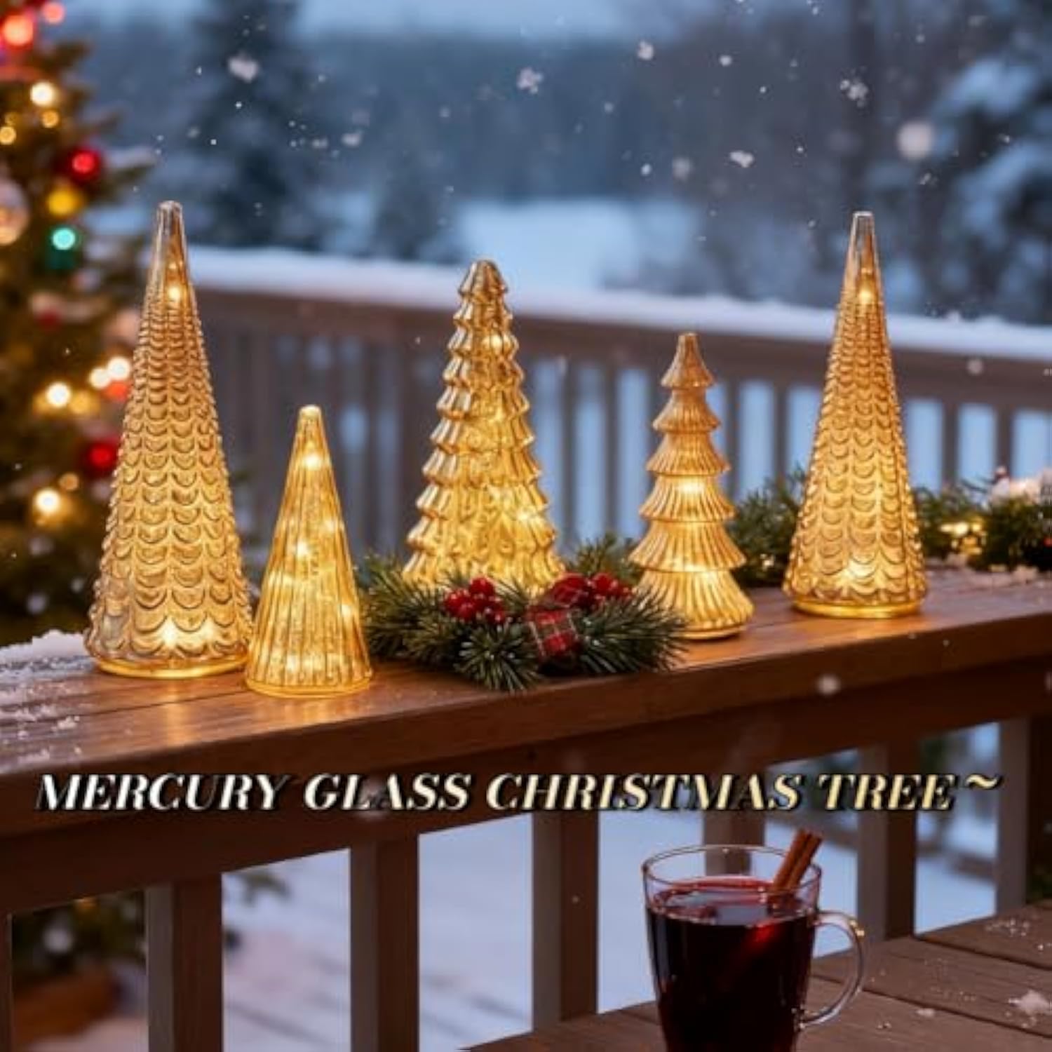 Set of 5 Illuminated Mercury Glass Trees - Upgrade Mercury Glass Christmas Trees with LED Lighted Tabletop Decor, Crackled Mercury GlassTrees for Xmas Home Party Centerpiece Tabletop Mantel (Silver)