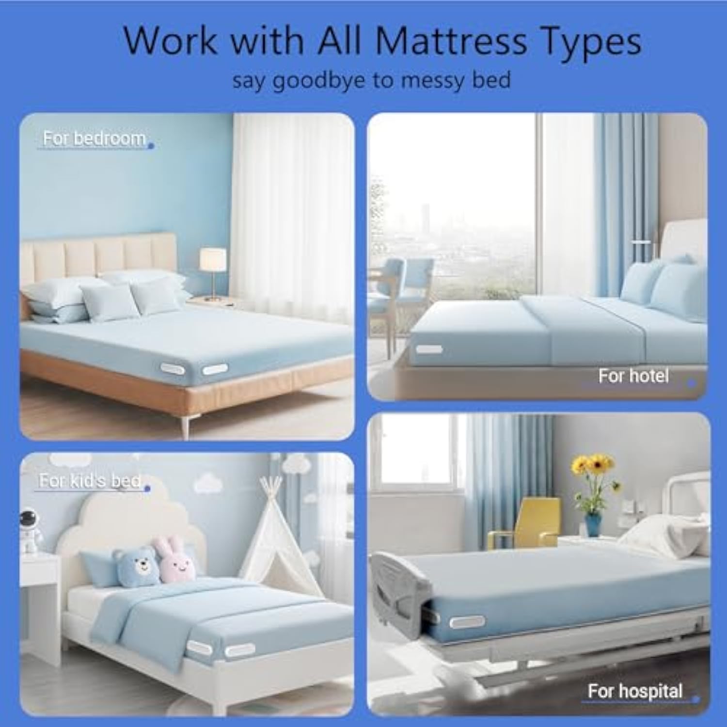 Upgraded Bed Sheet Holders for Corners, Heavy Duty 4 Pack Extra Large Fitted Sheet Clips -Lock Sheet Fasteners Keep Sheets Firm and Tight on Twin, Full, Queen, King Mattress, Easy Install