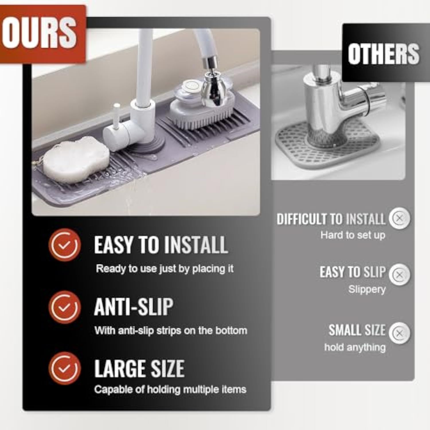 Faucet Guard and Draining Mat for Sink, 2024 New Kitchen Faucet Mat for Kitchen Sink Accessories Gadgets, Silicone Drying Mat for Kitchen Counter Bathroom (White, Large)