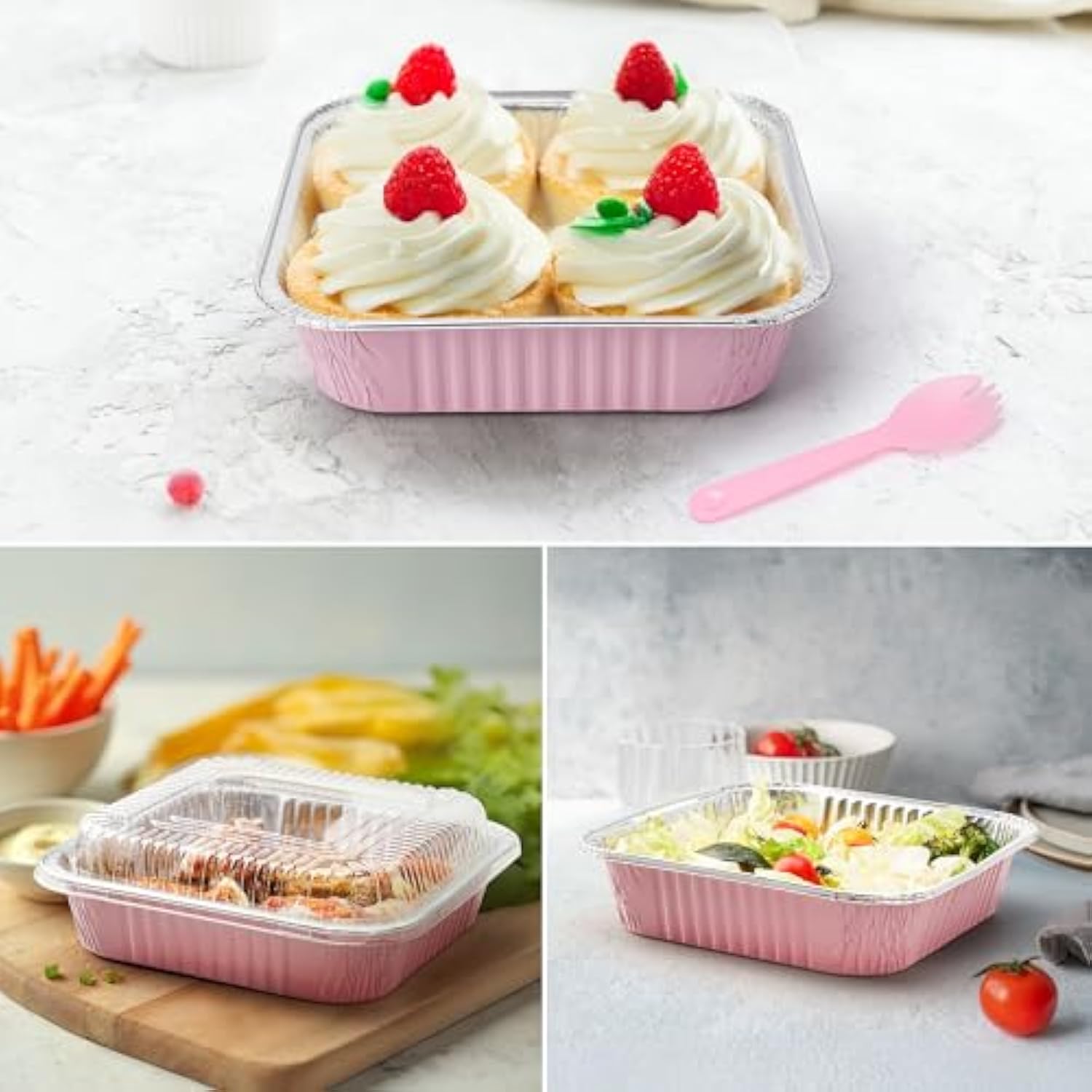 (35 Pack)Pink 8x8 Inch Disposable Aluminum Foil Pans&Square Cake Pans for Parties, Clear Plastic Lids,Eco-Friendly Baking Trays with Stickers&Cake Spoons,Picnics,Casseroles,Takeout,Recyclable Cookware