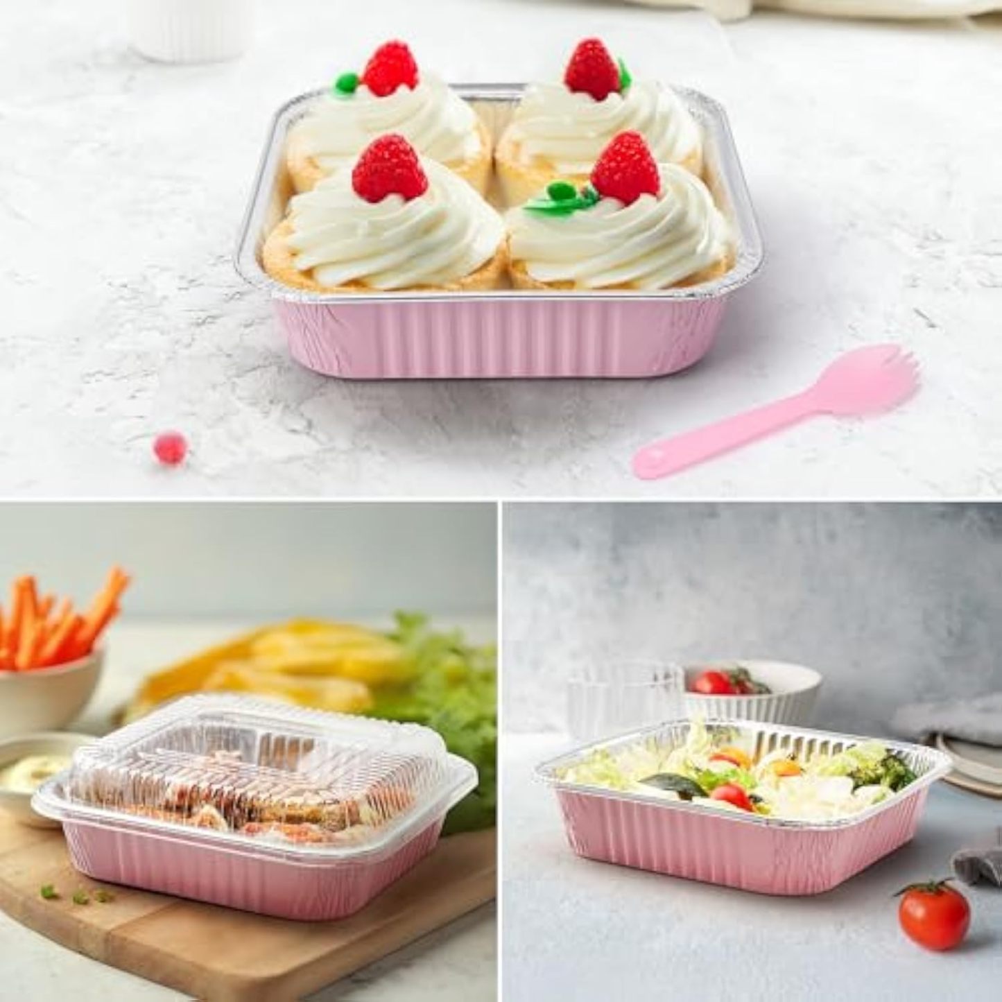 (35 Pack)Pink 8x8 Inch Disposable Aluminum Foil Pans&Square Cake Pans for Parties, Clear Plastic Lids,Eco-Friendly Baking Trays with Stickers&Cake Spoons,Picnics,Casseroles,Takeout,Recyclable Cookware