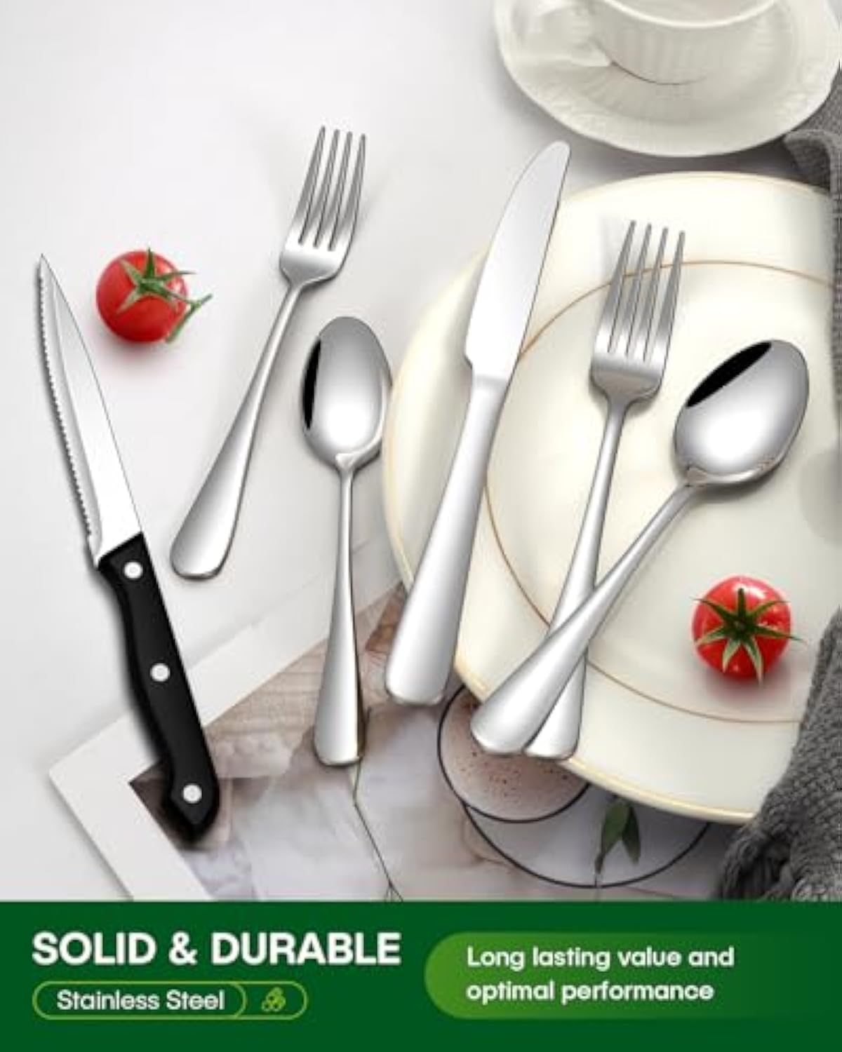 24 Pcs Silverware Set with Steak Knives Food-Grade Stainless Steel Flatware Set for 4 Mirror Cutlery Include Forks Spoons and Knives Set Dishwasher Safe Utensil Sets for Home Restaurant