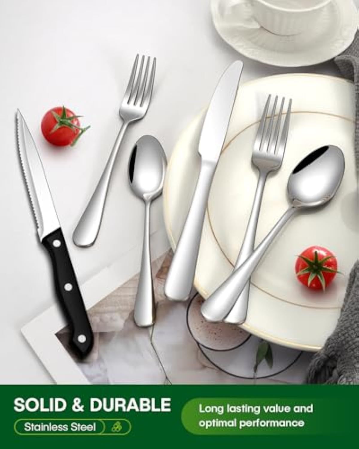 24 Pcs Silverware Set with Steak Knives Food-Grade Stainless Steel Flatware Set for 4 Mirror Cutlery Include Forks Spoons and Knives Set Dishwasher Safe Utensil Sets for Home Restaurant