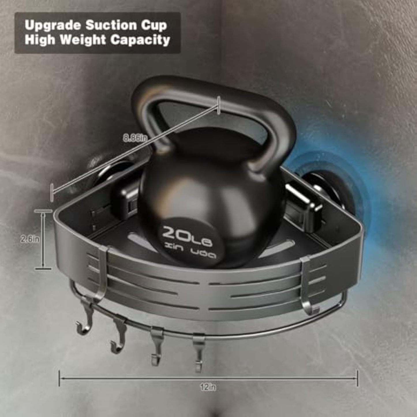 Voldra Corner Shower Caddy Suction Cup, 2 Pack Corner Shower Shelves No Drilling, Aluminum Upgrade Suction Cup Shower Organizer with Towel Bar & Hooks Removable Bathroom Storage Rack(Gray)